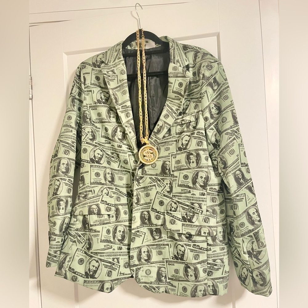 Halloween Costume - Money Print Blazer with Gold Dollar Sign Necklace